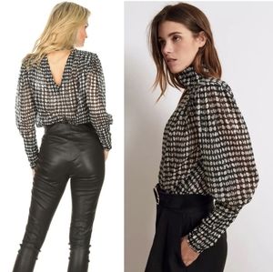 NWT BA&SH 70s 80s Sheer Polka Dot High Neck Puff Long Sleeve Open Back Blouse 4